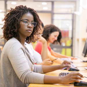 woman looking at computer